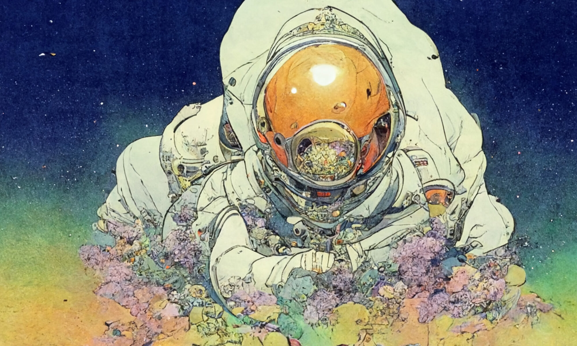 Balthazarts billedkunst, print på lærred som billeder til væggen En illustration af en astronaut omgivet af blomster. Flotte billeder som akustikpanel