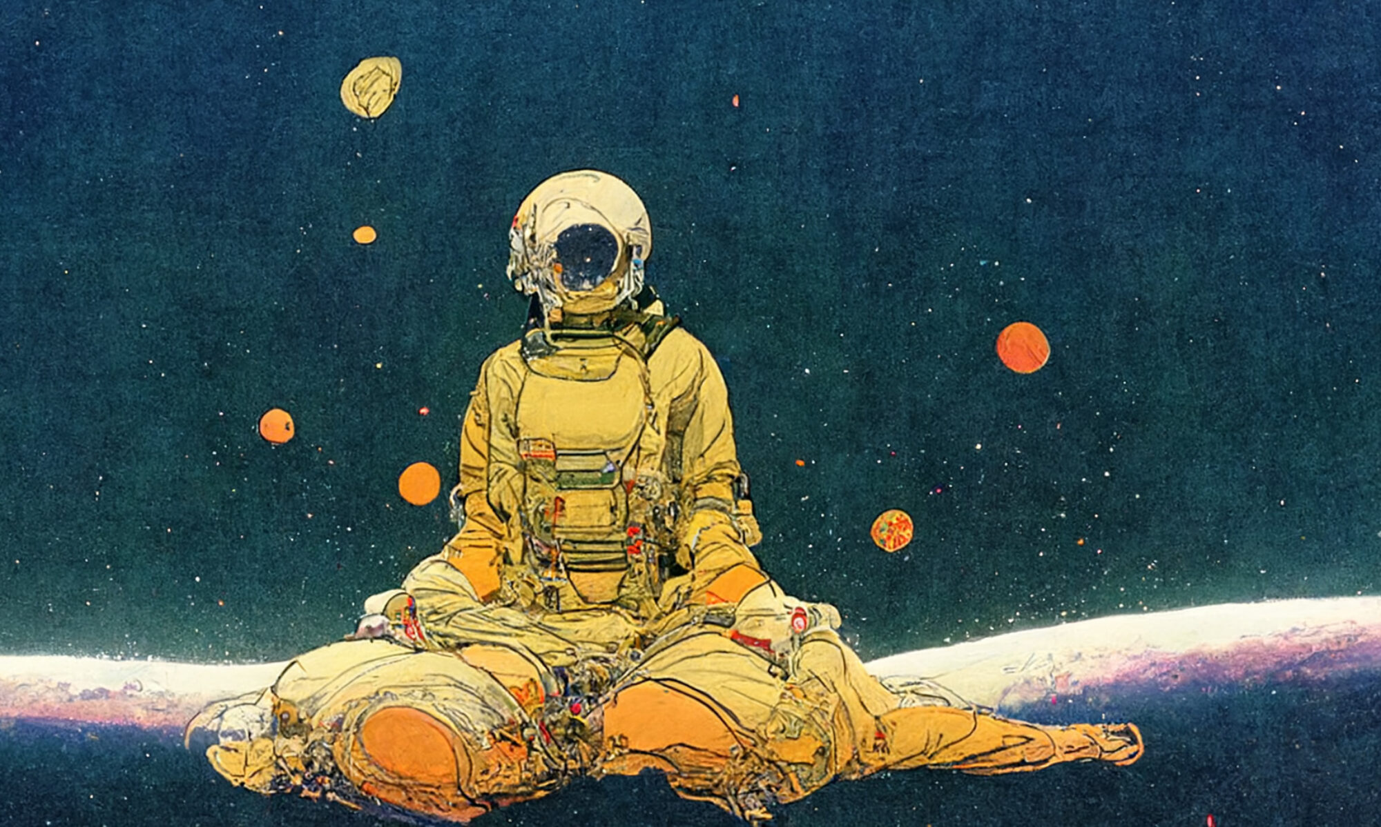 Balthazarts billedkunst, print på lærred som billeder til væggen En illustration af en astronaut som meditere. Flotte billeder som akustikpanel