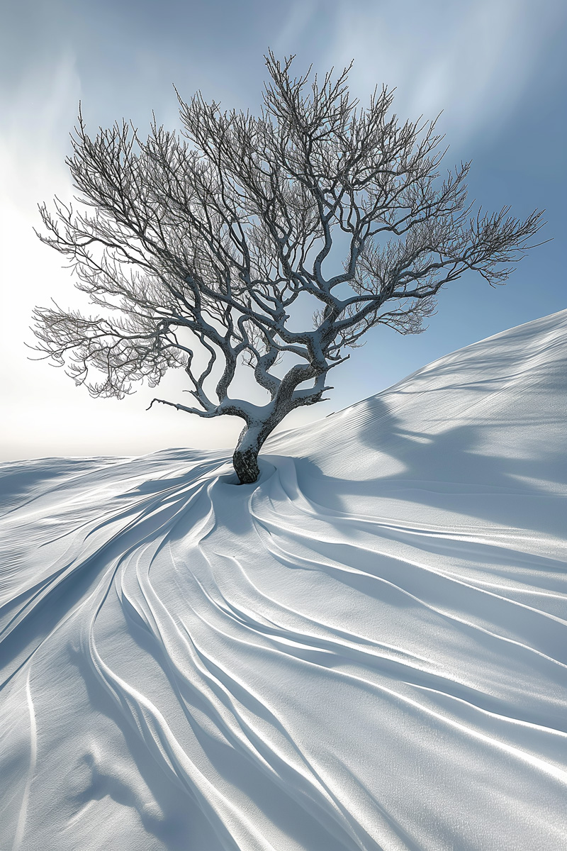 A lone tree on a snow covered hill Vinterdans - Silentium (Stilhed) – Kunst print på lærred.