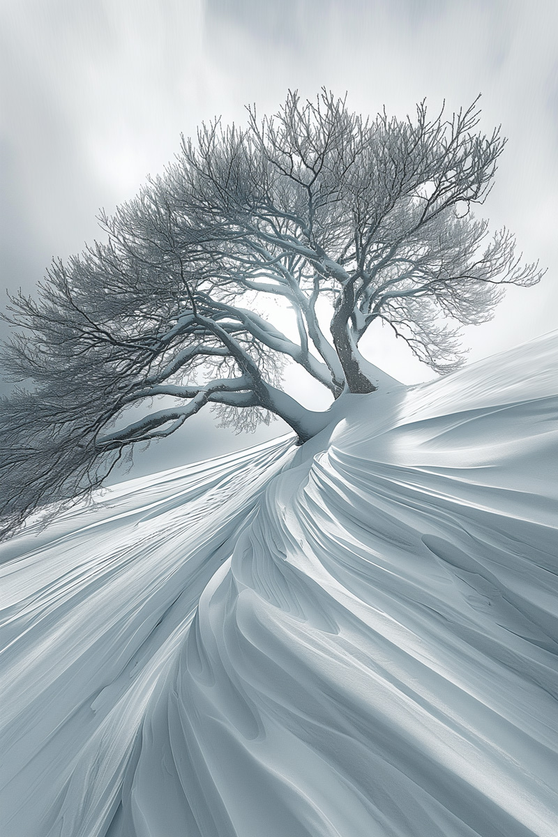 A lone tree on a snow covered hill in Vinterdans - Vestigium (Spor) – Kunst print på lærred.