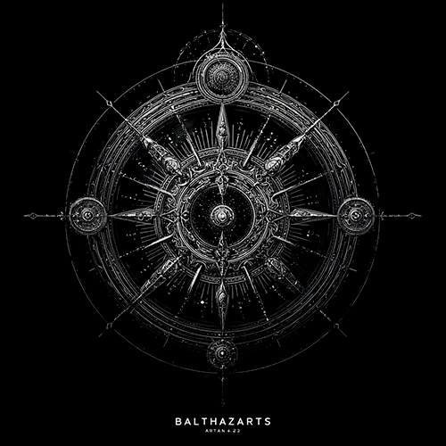 Balthazarts billedkunst, print på lærred som billeder til væggen Indviklet sort-hvid digital illustration af et symmetrisk, udsmykket kompaslignende design med flere cirkulære og radiale elementer på en sort baggrund. Teksten "Balthazarts" vises nedenfor. Flotte billeder som akustikpanel