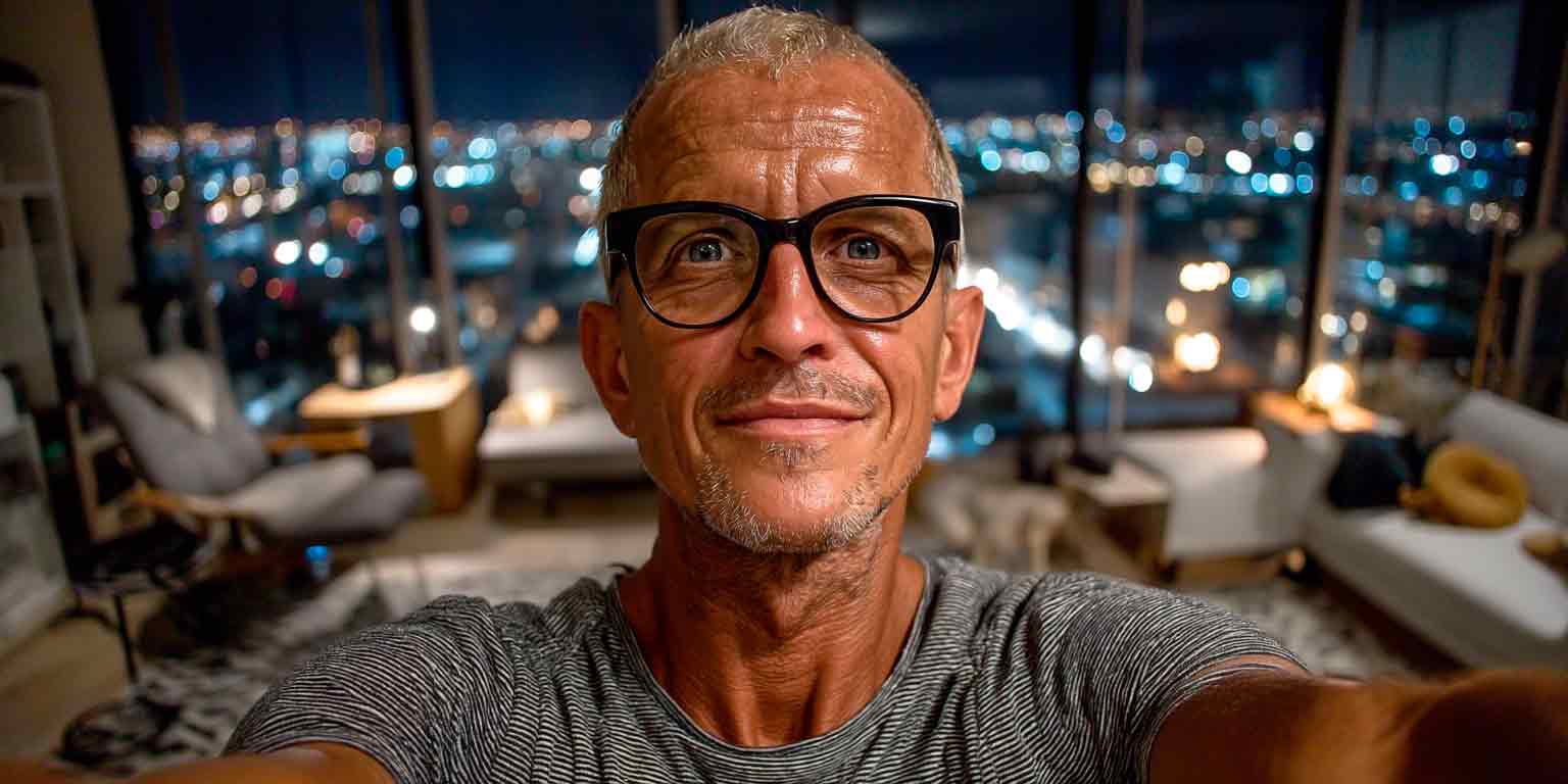 Balthazarts billedkunst, print på lærred som billeder til væggen En midaldrende mand med briller tager en selfie i en moderne lejlighed om aftenen, hvor byens lys kan ses gennem store vinduer i baggrunden. Flotte billeder som akustikpanel