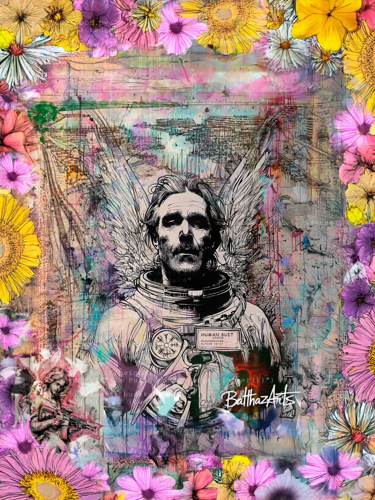 Balthazarts billedkunst, print på lærred som billeder til væggen Et maleri fra Galleri - Kunst på lærred og akustikpaneler, der forestiller en mand med vinger og et kort med blomster. Flotte billeder som akustikpanel