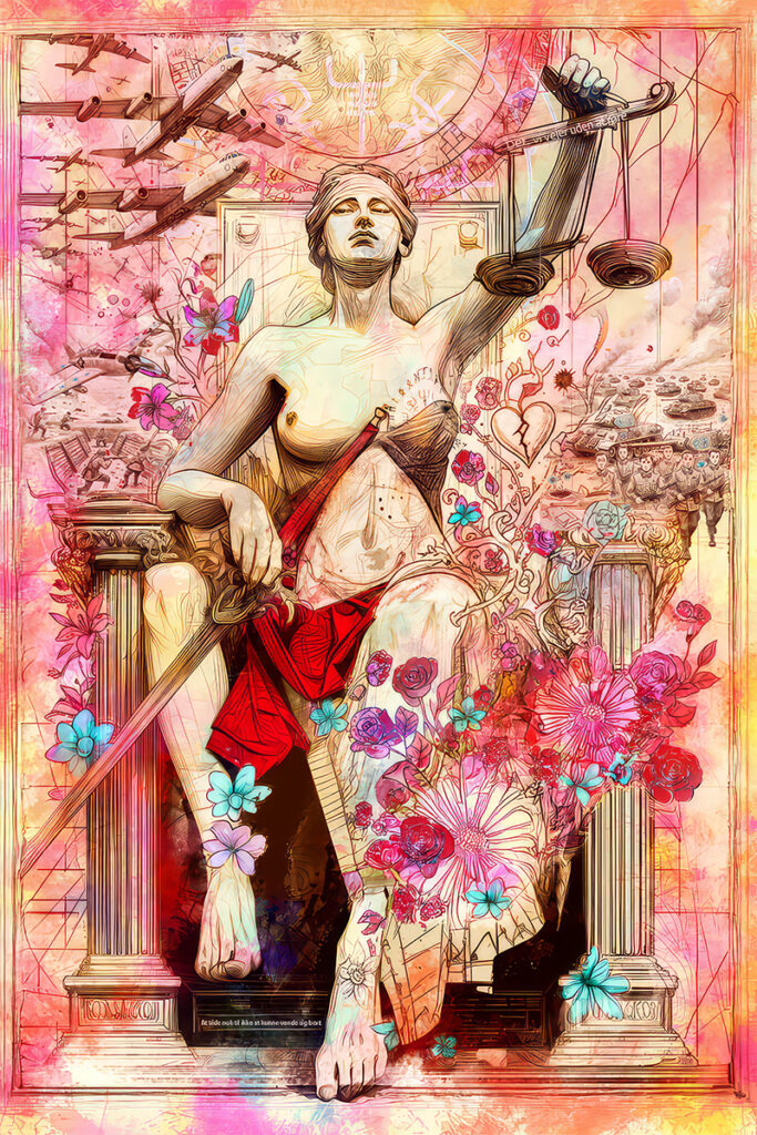 Balthazarts billedkunst, print på lærred som billeder til væggen En stiliseret, farverig illustration af Lady Justice siddende med vægt og sværd, omgivet af blomster, krigsfly og skyer - perfekt til Galleri - Kunst på lærred og akustikpaneler. Flotte billeder som akustikpanel